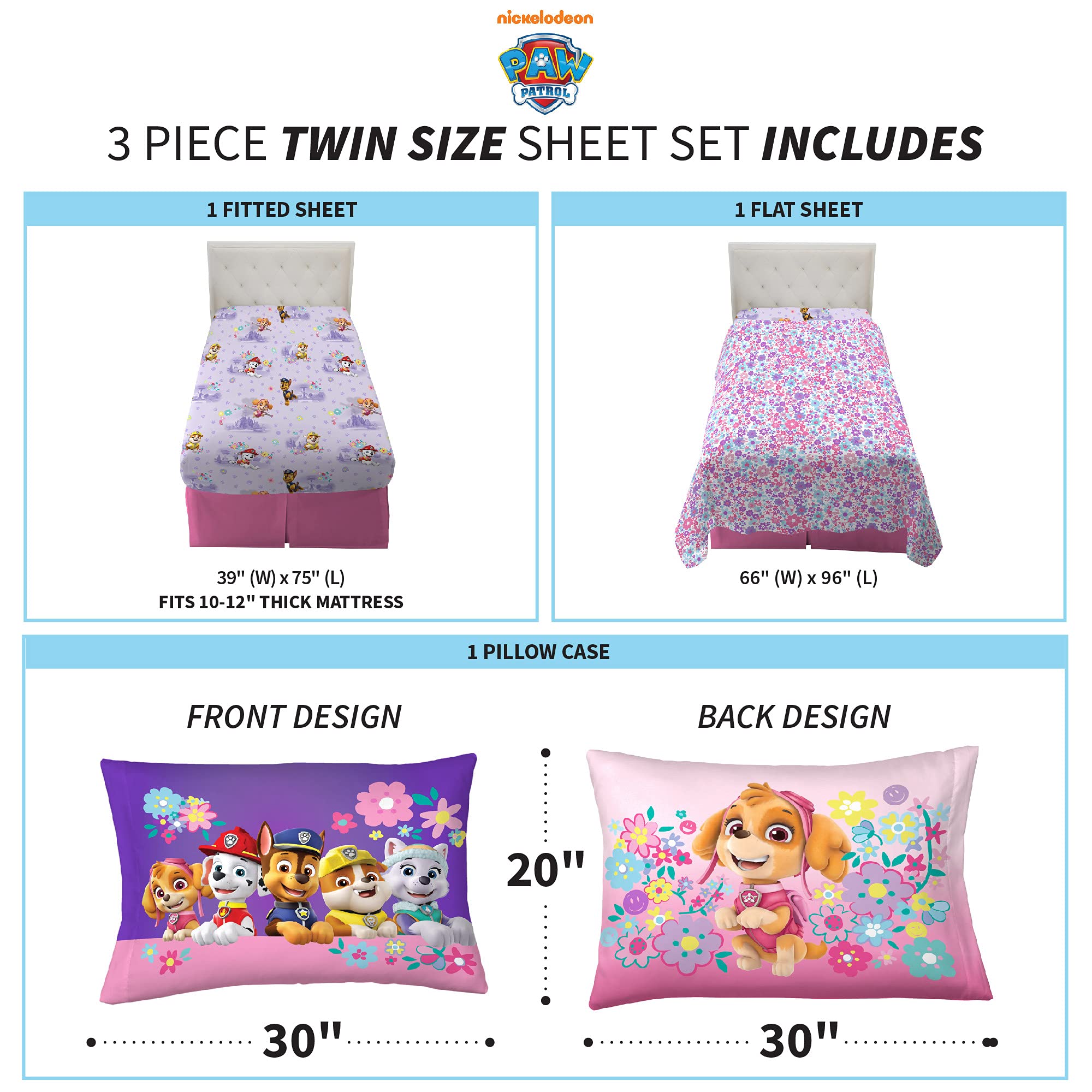 Paw Patrol Girls Kids Bedding Super Soft Microfiber Sheet Set, Twin, (Official) Nickelodeon Product By Franco