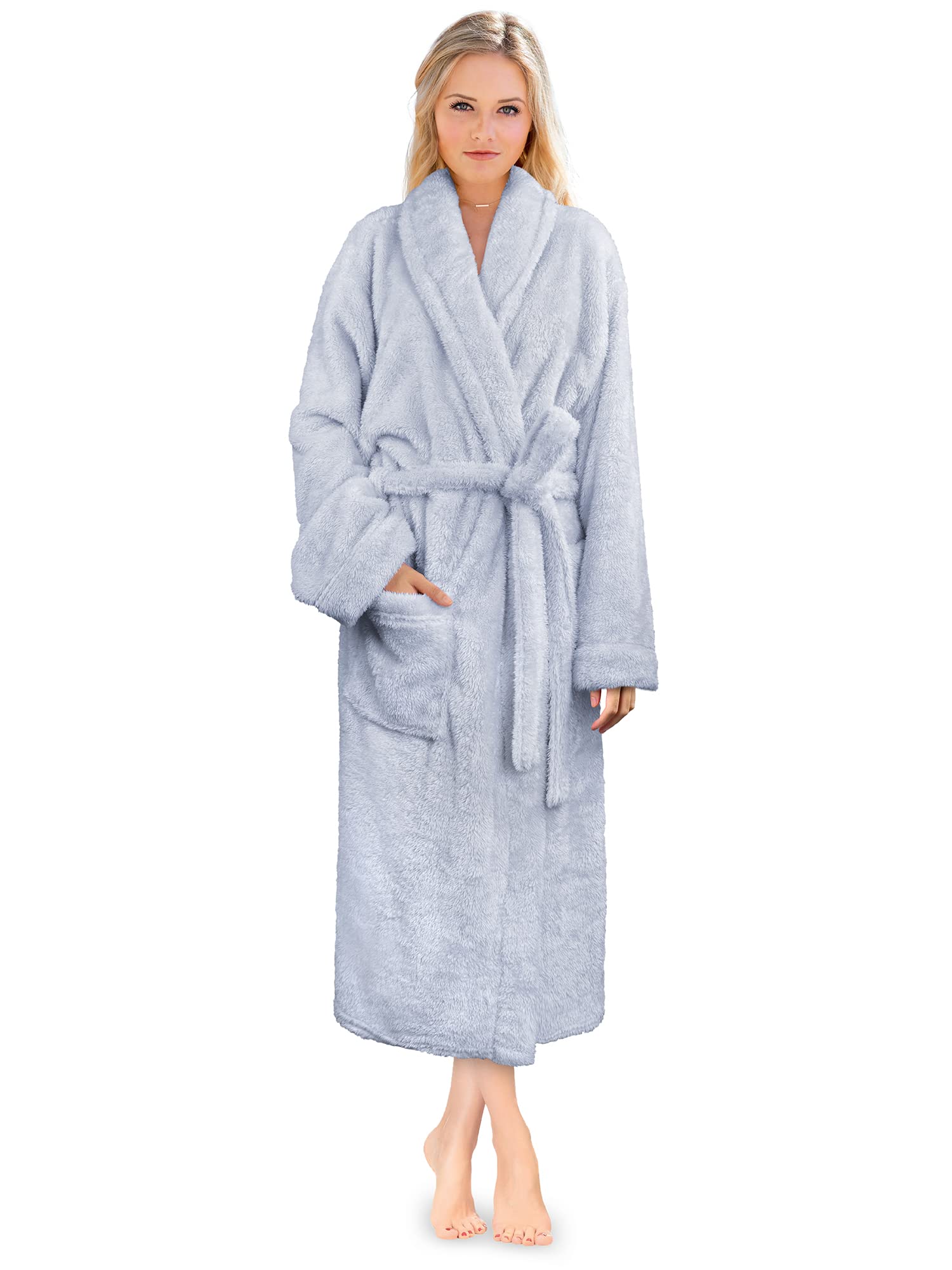 PAVILIA Premium Womens Plush Soft Robe Fluffy, Warm, Fleece Sherpa Shaggy Bathrobe (S/M, Light Blue)