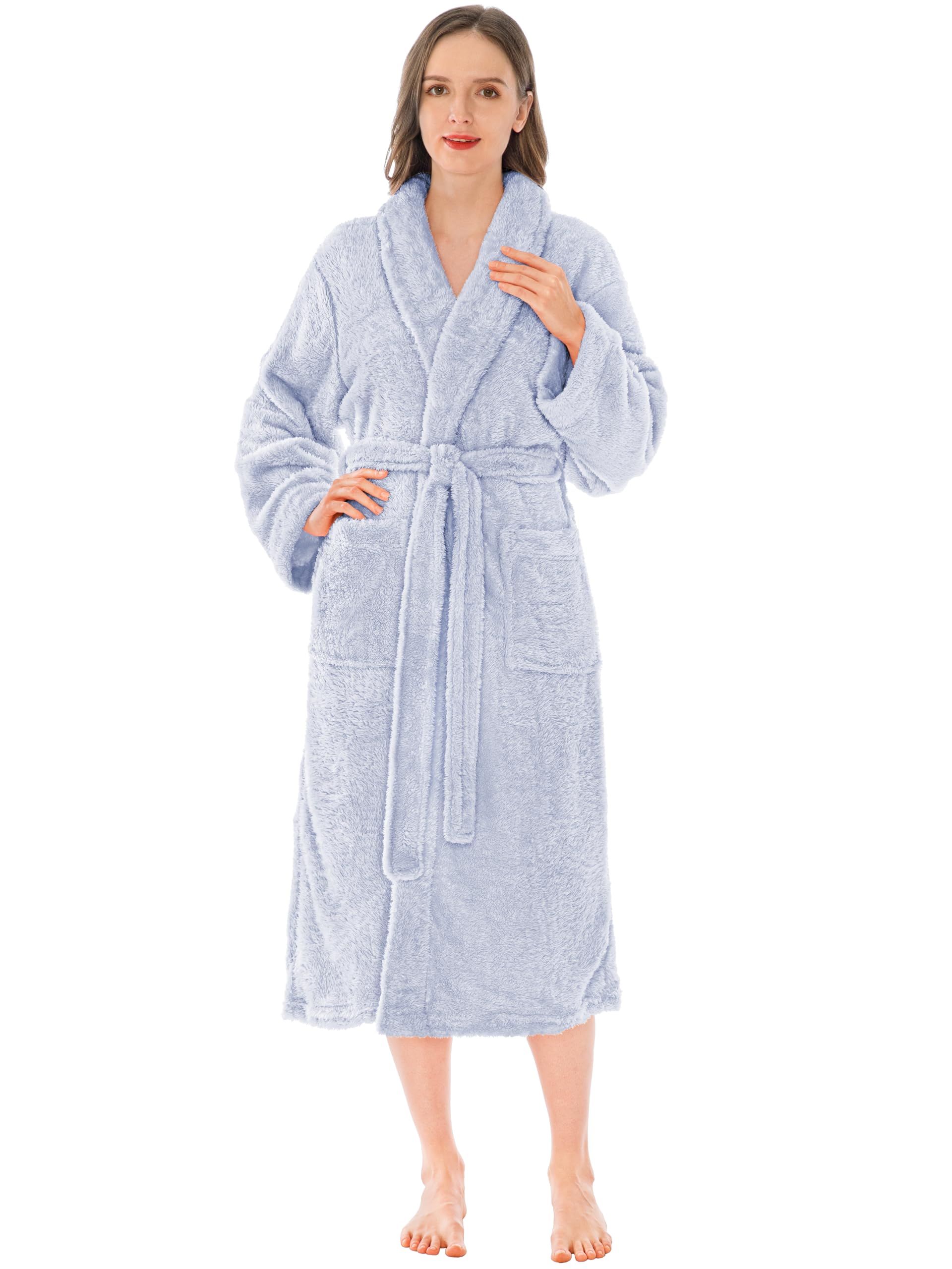 PAVILIA Premium Womens Plush Soft Robe Fluffy, Warm, Fleece Sherpa Shaggy Bathrobe (S/M, Light Blue)