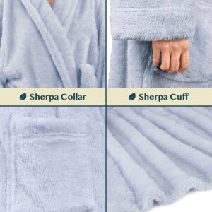 PAVILIA Premium Womens Plush Soft Robe Fluffy, Warm, Fleece Sherpa Shaggy Bathrobe (S/M, Light Blue)