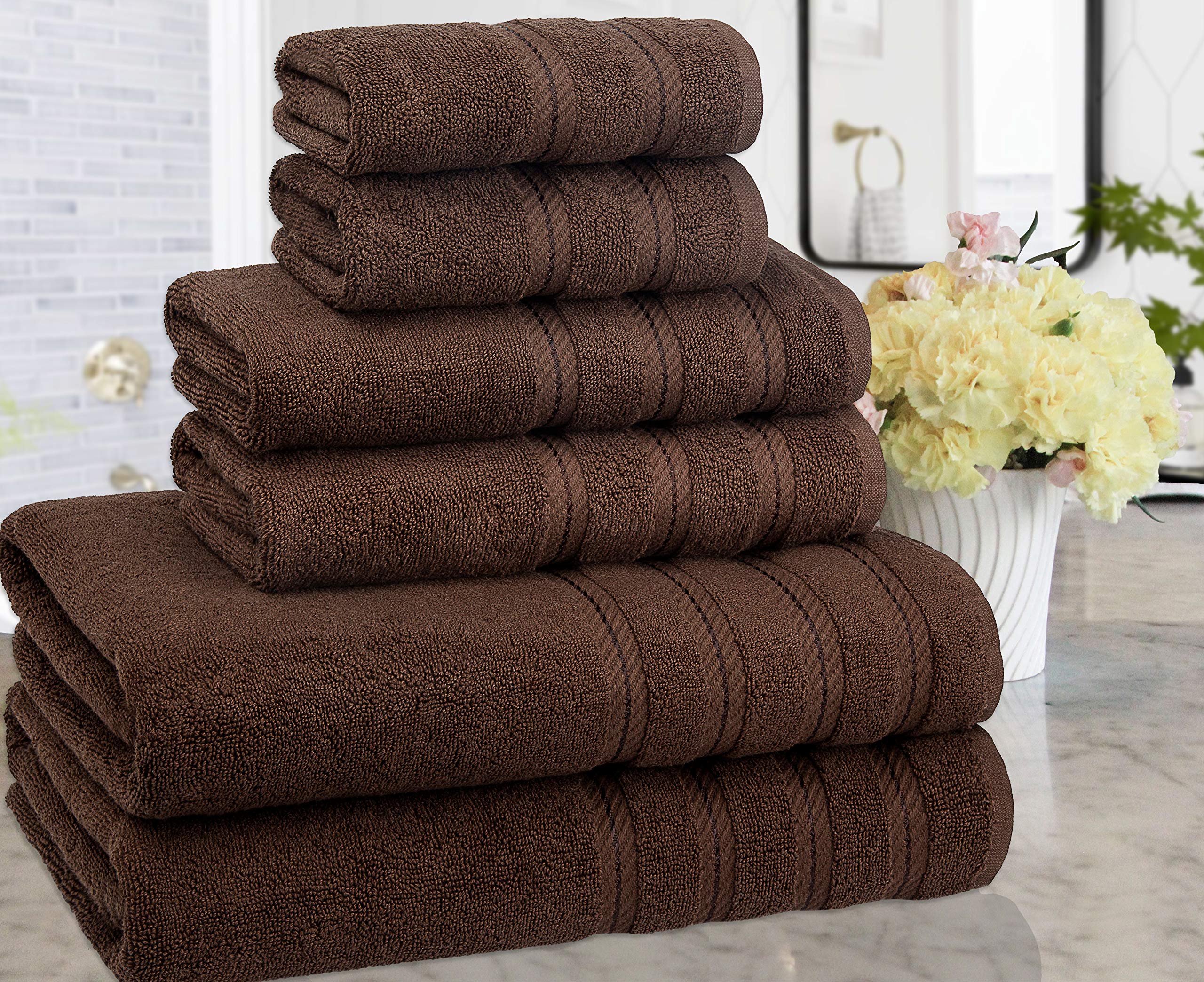 American Soft Linen 100% Turkish Carde Cotton 6 Piece Towel Set, 560 GSM Towels for Bathroom, Super Soft 2 Bath Towels 2 Hand Towels 2 Washcloths, Dark Brown