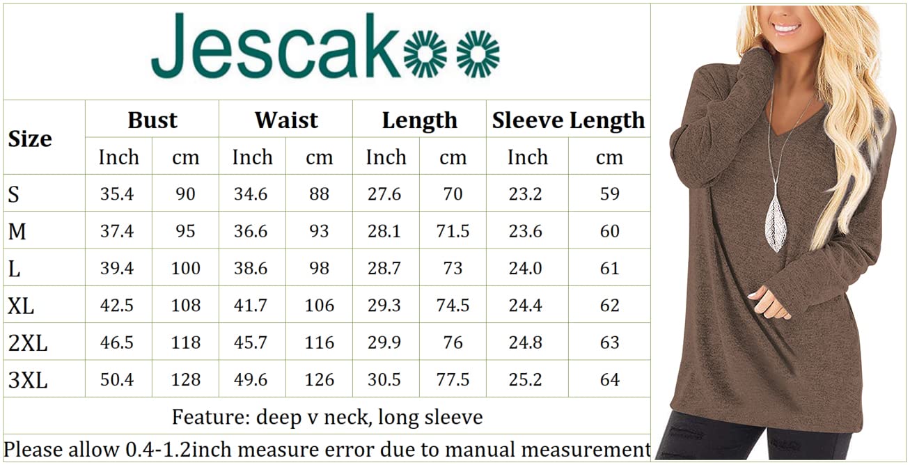 Jescakoo Long Sleeve T Shirt Women Flowly V Neck Tops Clearance Coffee M