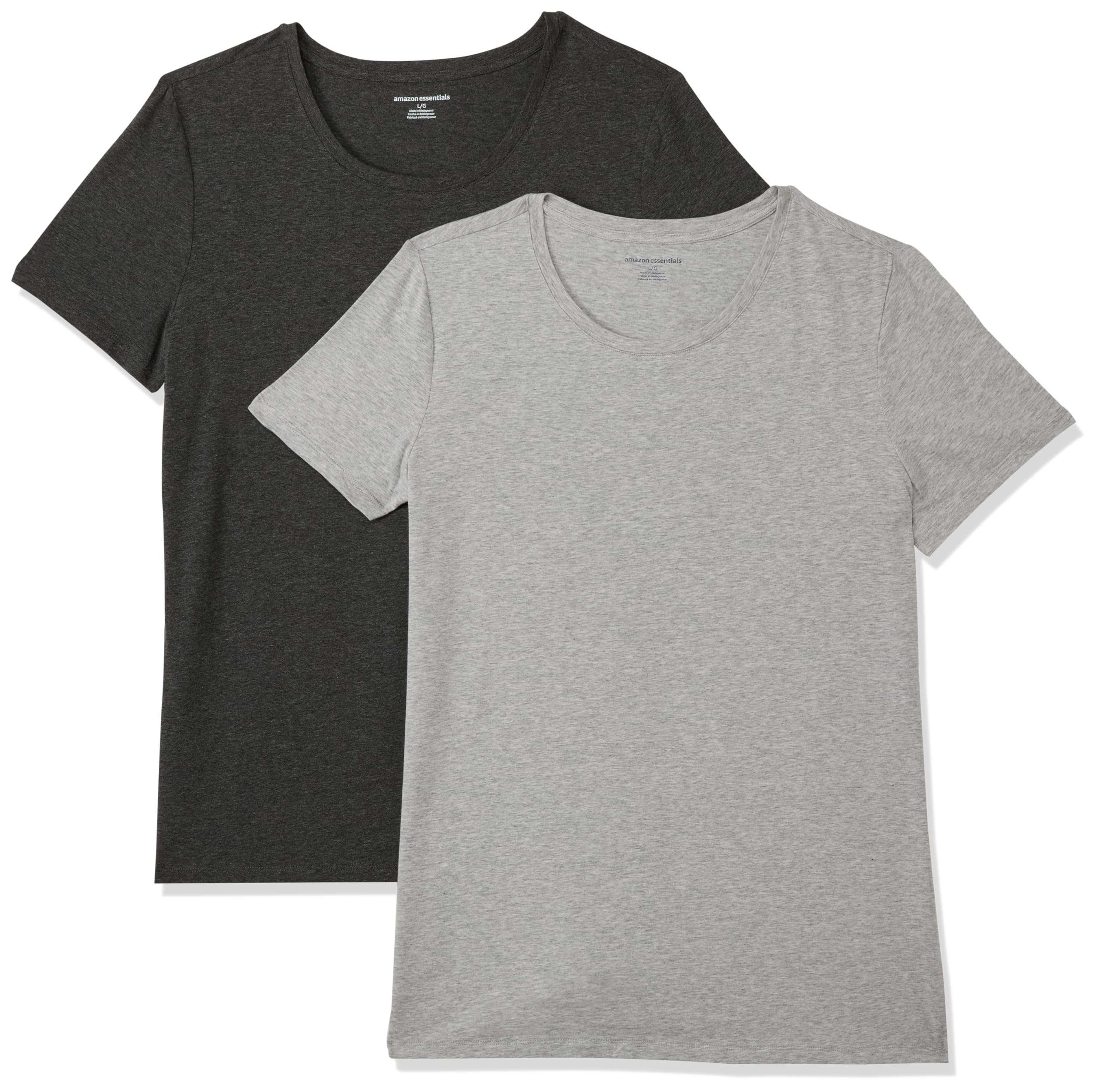 Amazon Essentials Women's Classic-Fit Short-Sleeve Crewneck T-Shirt, Pack of 2, Charcoal Heather/Light Grey Heather, Large