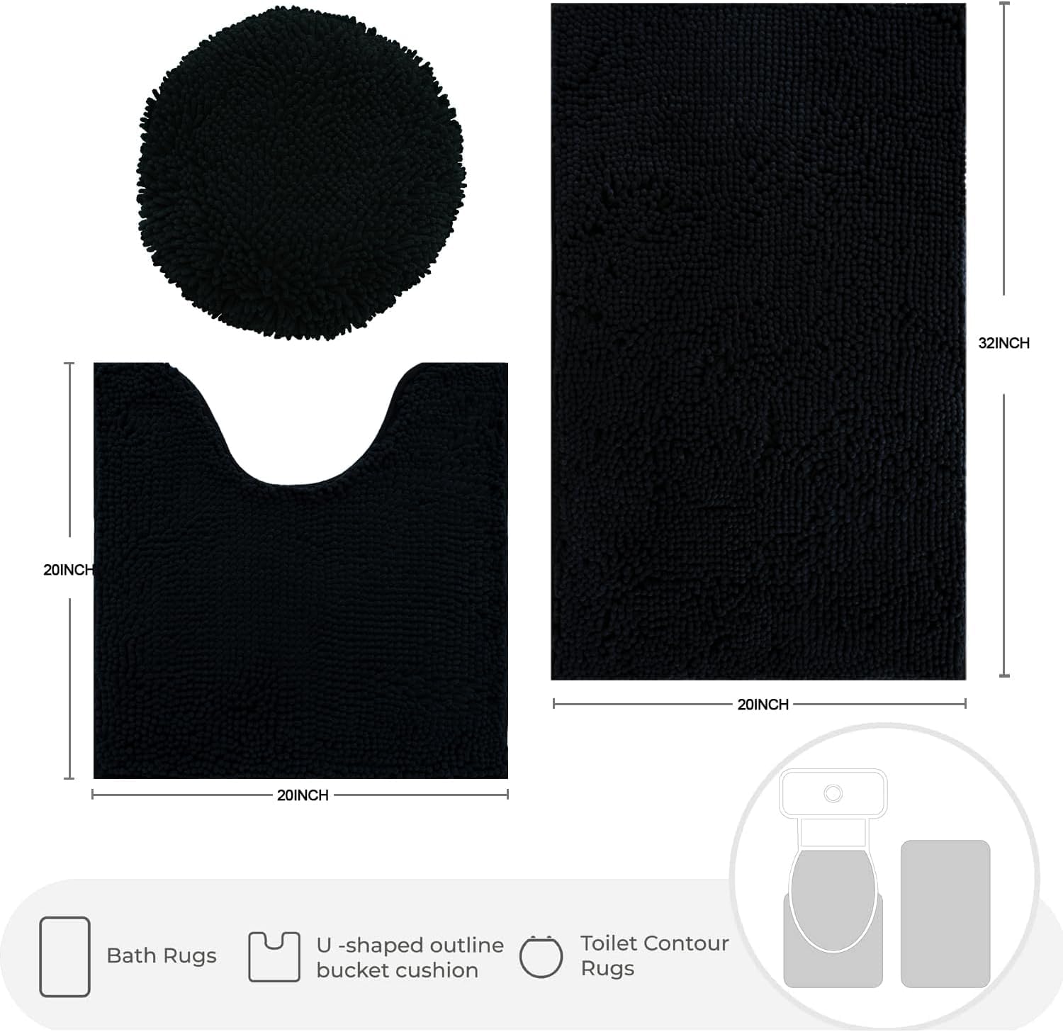 Bathroom Rugs Sets of 3 Piece Ultra Soft Chenille Bath Mat, Non-Slip and Super Absorbent Bathroom Rug, Strong PVC Underside, Machine Washable Bath Carpet for Bathroom, Carbon Black