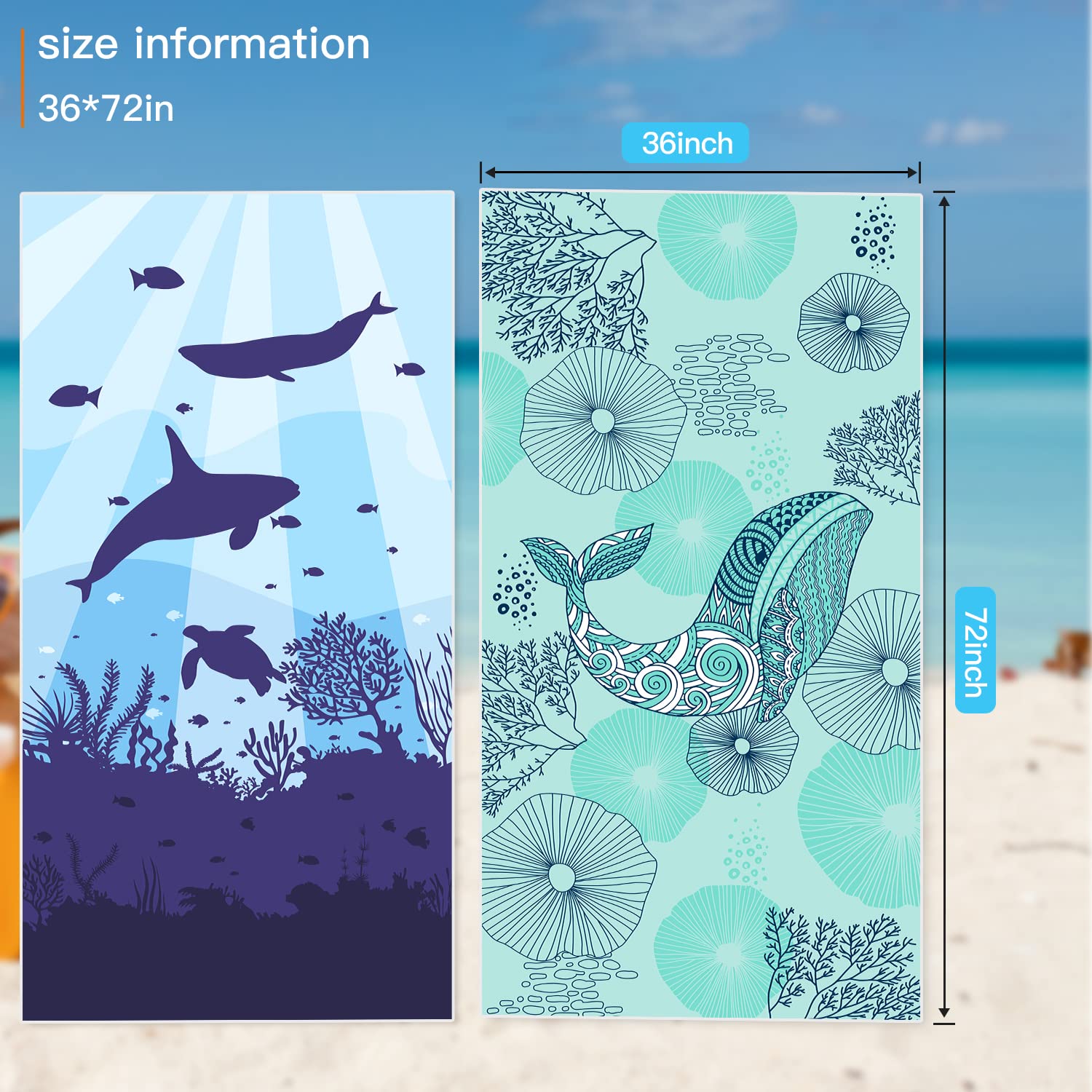 Airensky Microfiber Beach Towel, Oversized Pool Towel 72" x 36", Sand-Free Beach Towel, Quick Drying, Super Absorbent, Soft Breathable (2 Pack Shark+Dolphin)