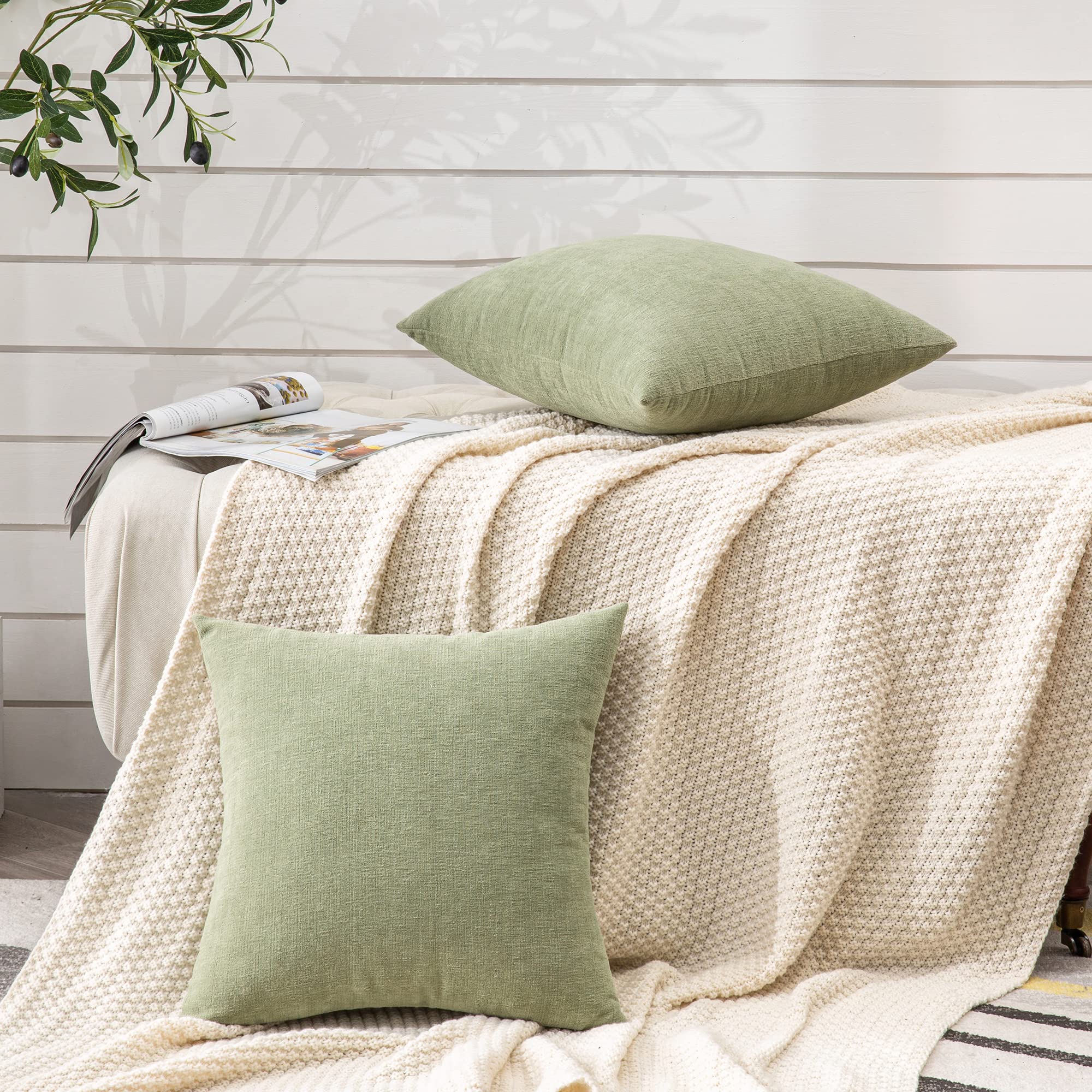 GAWAMAY Decorative Square Throw Pillow Covers 18x18 Inch set of 2, Super Soft Chenille Farmhouse Fall Pillowcase for Living Room Bedroom Sofa Couch Cushion Cover Fundas Para Cojines Sage Green 45x45cm