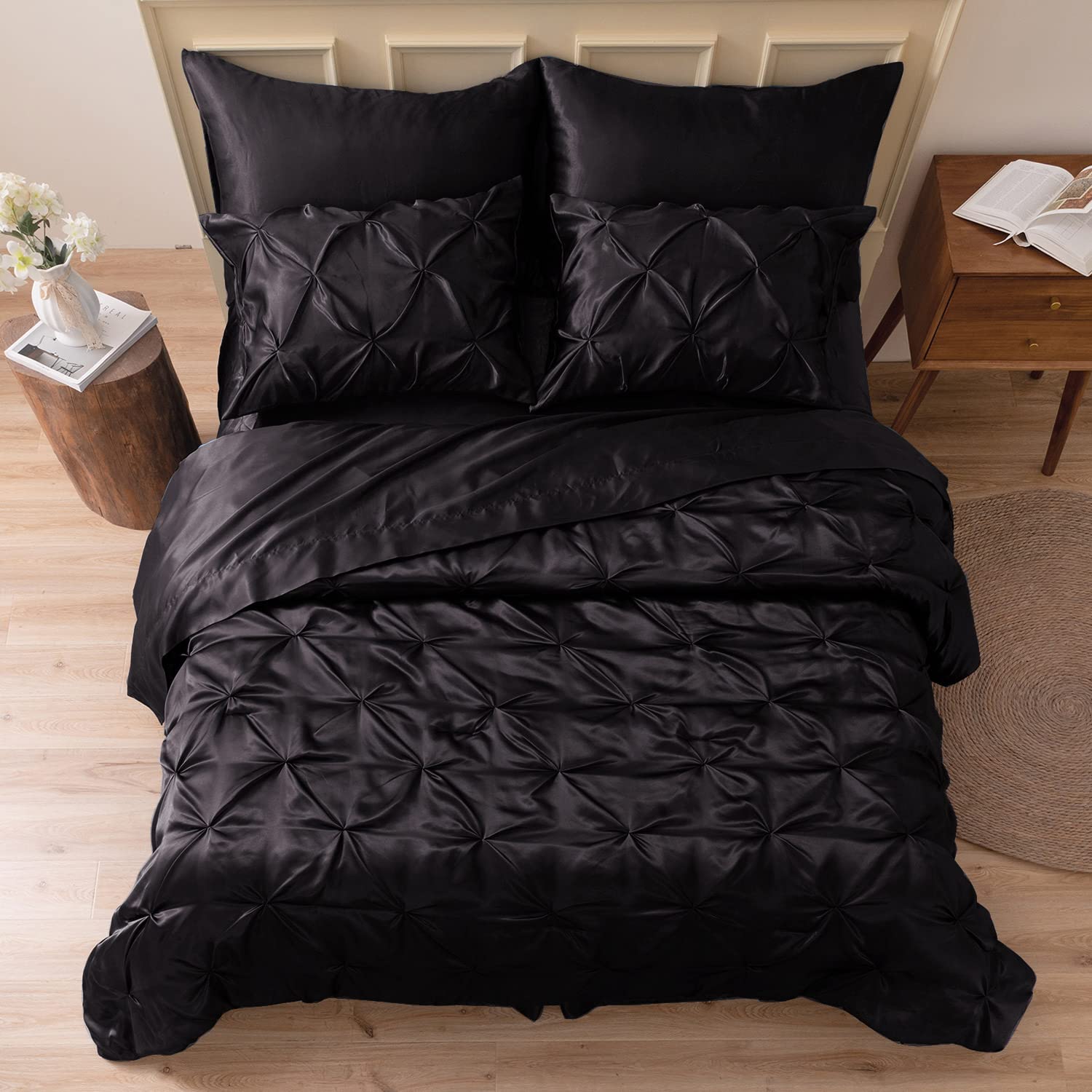 MR&HM Satin Comforter King 7 Pieces - Luxurious Pinch Pleat Bedding Set with Comforter, Flat Sheet, Fitted Sheet, Pillowcases & Shams, Super Silky Soft Bed Set for All Season (King, Black)