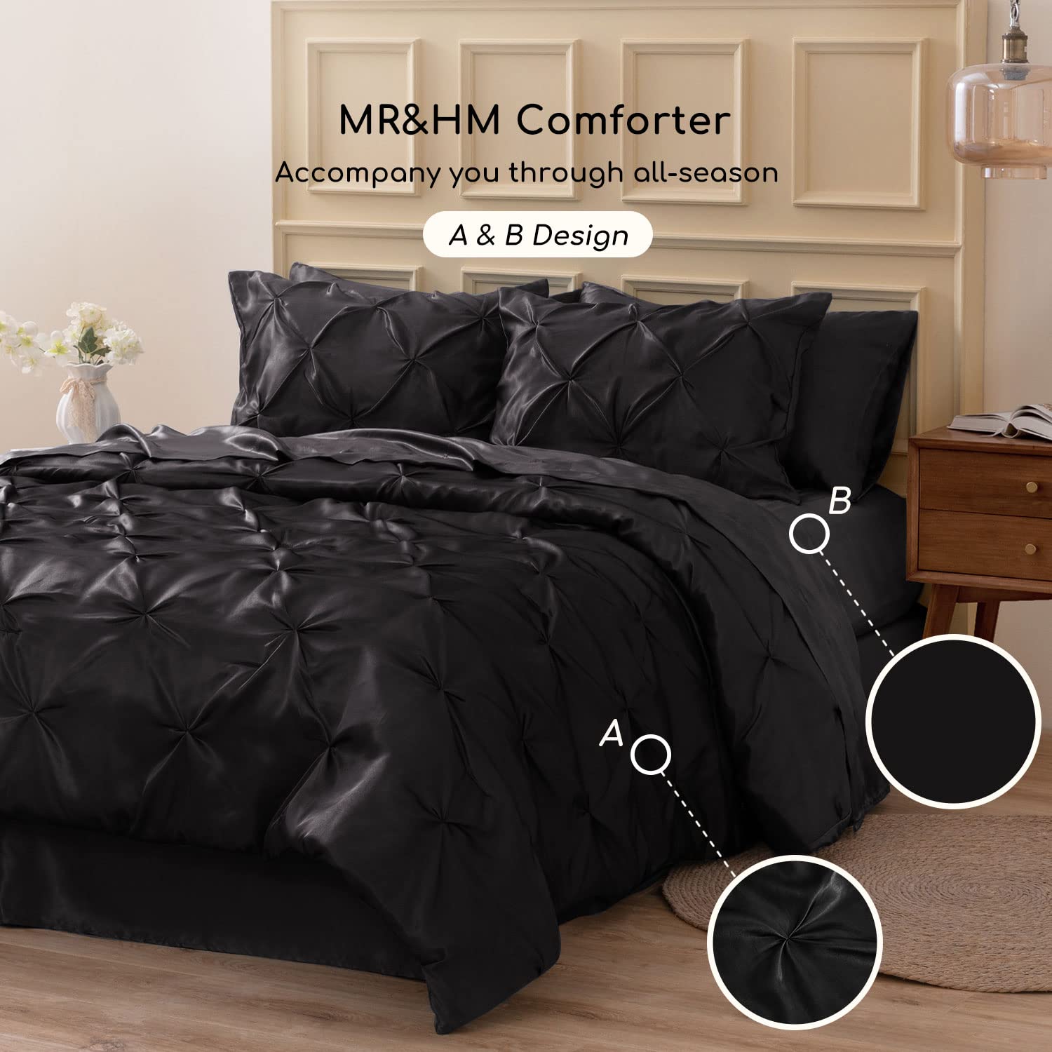 MR&HM Satin Comforter King 7 Pieces - Luxurious Pinch Pleat Bedding Set with Comforter, Flat Sheet, Fitted Sheet, Pillowcases & Shams, Super Silky Soft Bed Set for All Season (King, Black)