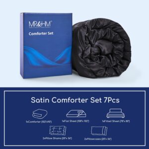 MR&HM Satin Comforter King 7 Pieces - Luxurious Pinch Pleat Bedding Set with Comforter, Flat Sheet, Fitted Sheet, Pillowcases & Shams, Super Silky Soft Bed Set for All Season (King, Black)