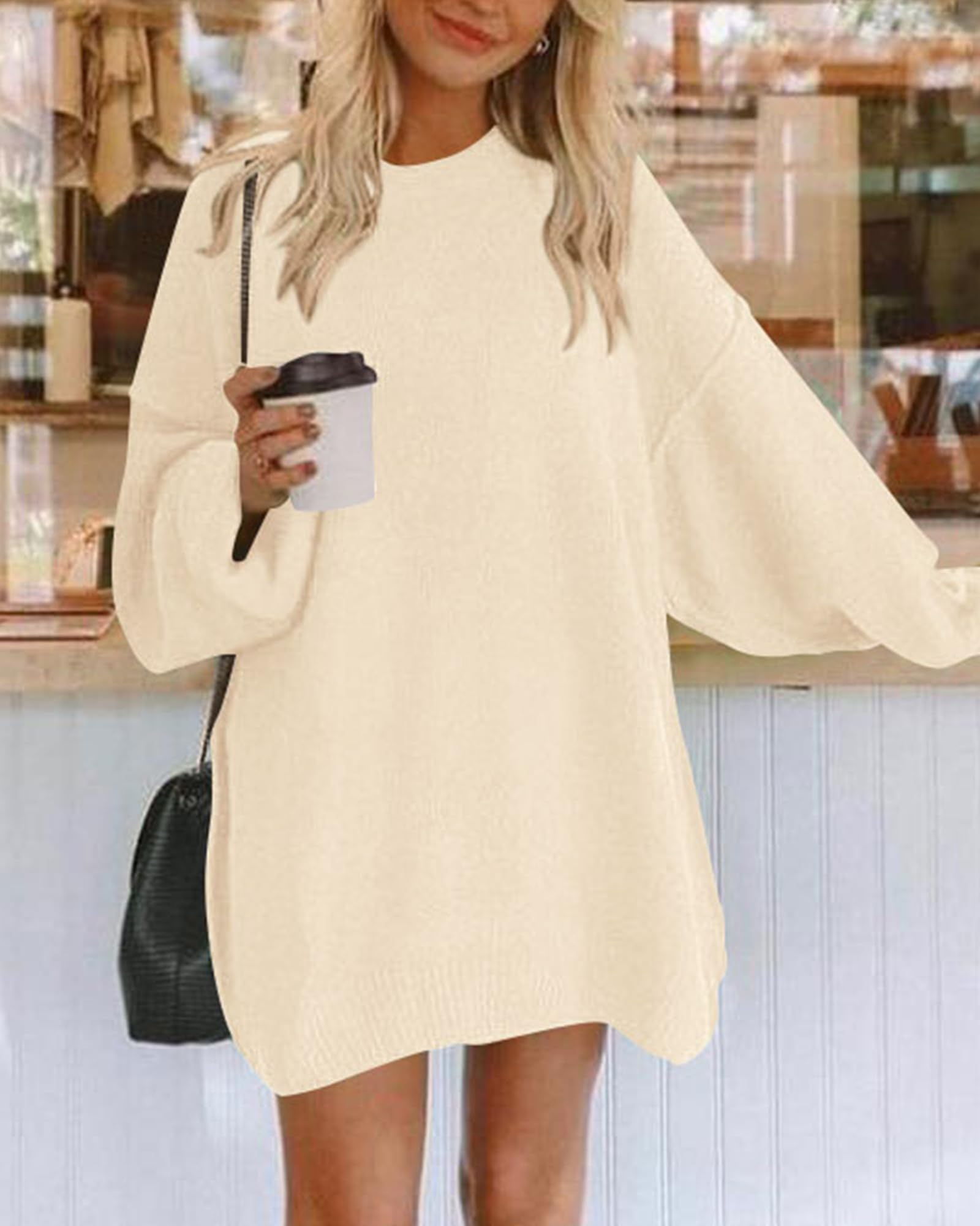 BTFBM 2024 Womens Sweaters Casual Crewneck Long Sleeve Oversized Sweater Dress Fall Winter Loose Slouchy Soft Pullover(Solid Beige, Medium)