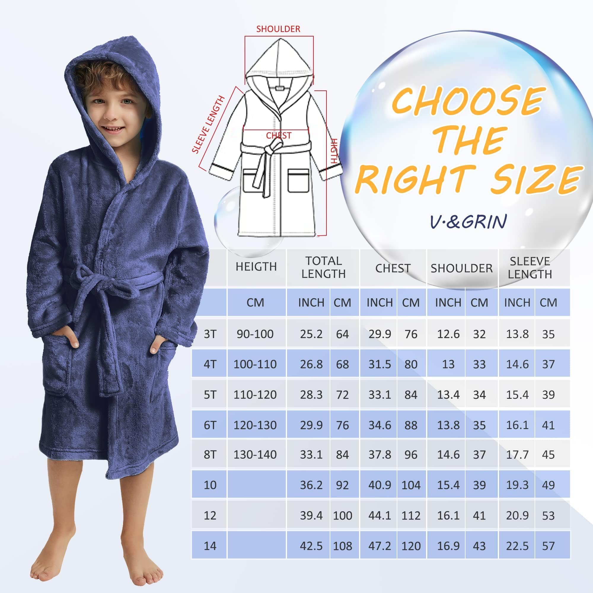 V.&GRIN Boys Fleece Robe, Hooded Toddler Soft Fuzzy Bathrobe for Kids 3-14 Years（Gray 9-10）