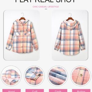 Dokotoo Fashion 2024 Winter Womens Ladies Plaid Shacket Jacket Women Sherpa Lined Fleece Fur Hooded Button Down Long sleeve Flannel Shirts Fluffy Warm Thick Oversized Outwear Coat with Pockets Pink M