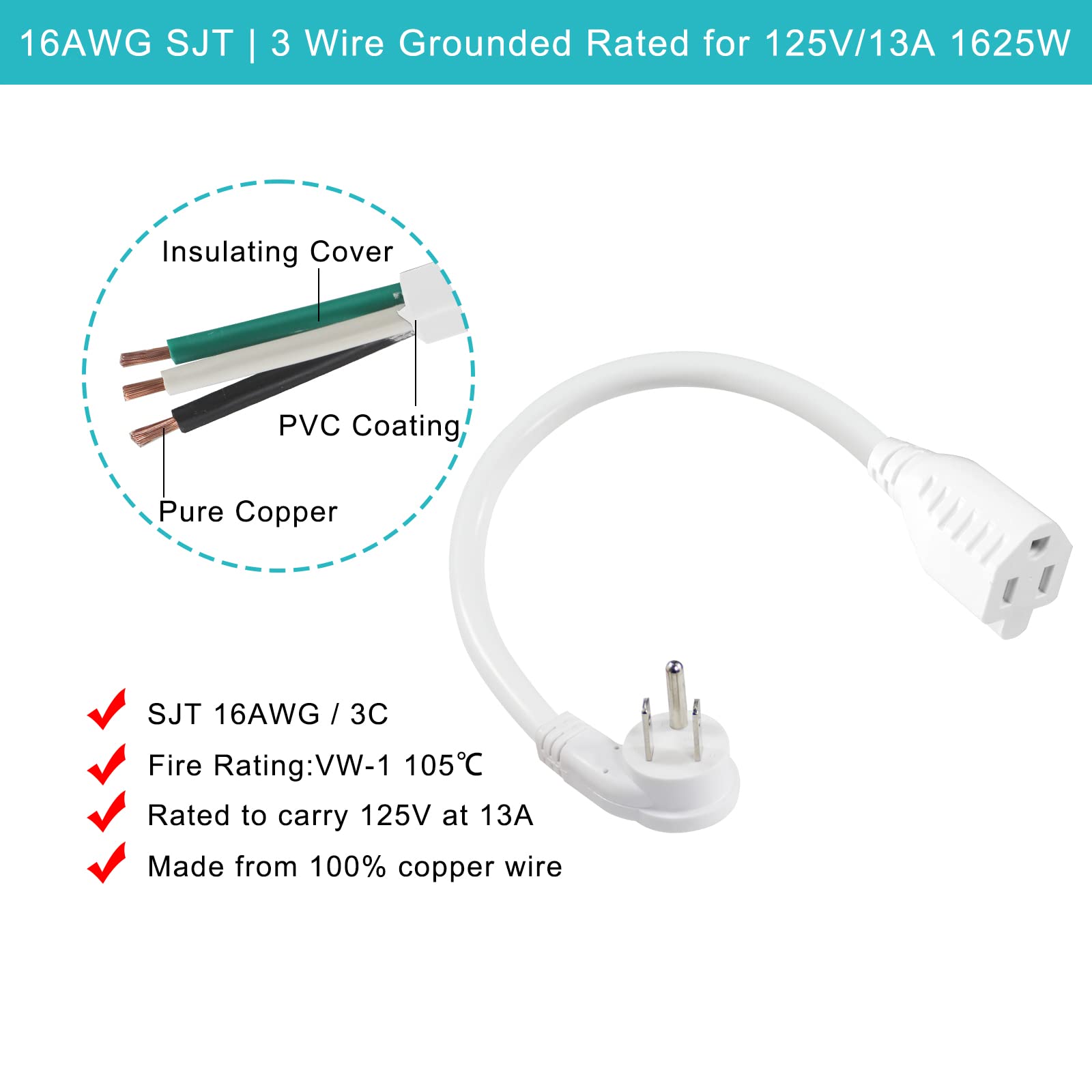 [2 PACK] Flat Plug Short Power Extension Cord - 8inch Low Profile Flat Plug 3 Prong Grounded Indoor Extension Cord, Rated for 13AMP,16AWG Heavy Duty White Electrical Extension Cord with Flat Head