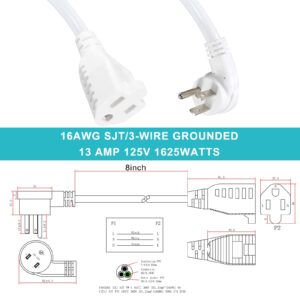 [2 PACK] Flat Plug Short Power Extension Cord - 8inch Low Profile Flat Plug 3 Prong Grounded Indoor Extension Cord, Rated for 13AMP,16AWG Heavy Duty White Electrical Extension Cord with Flat Head