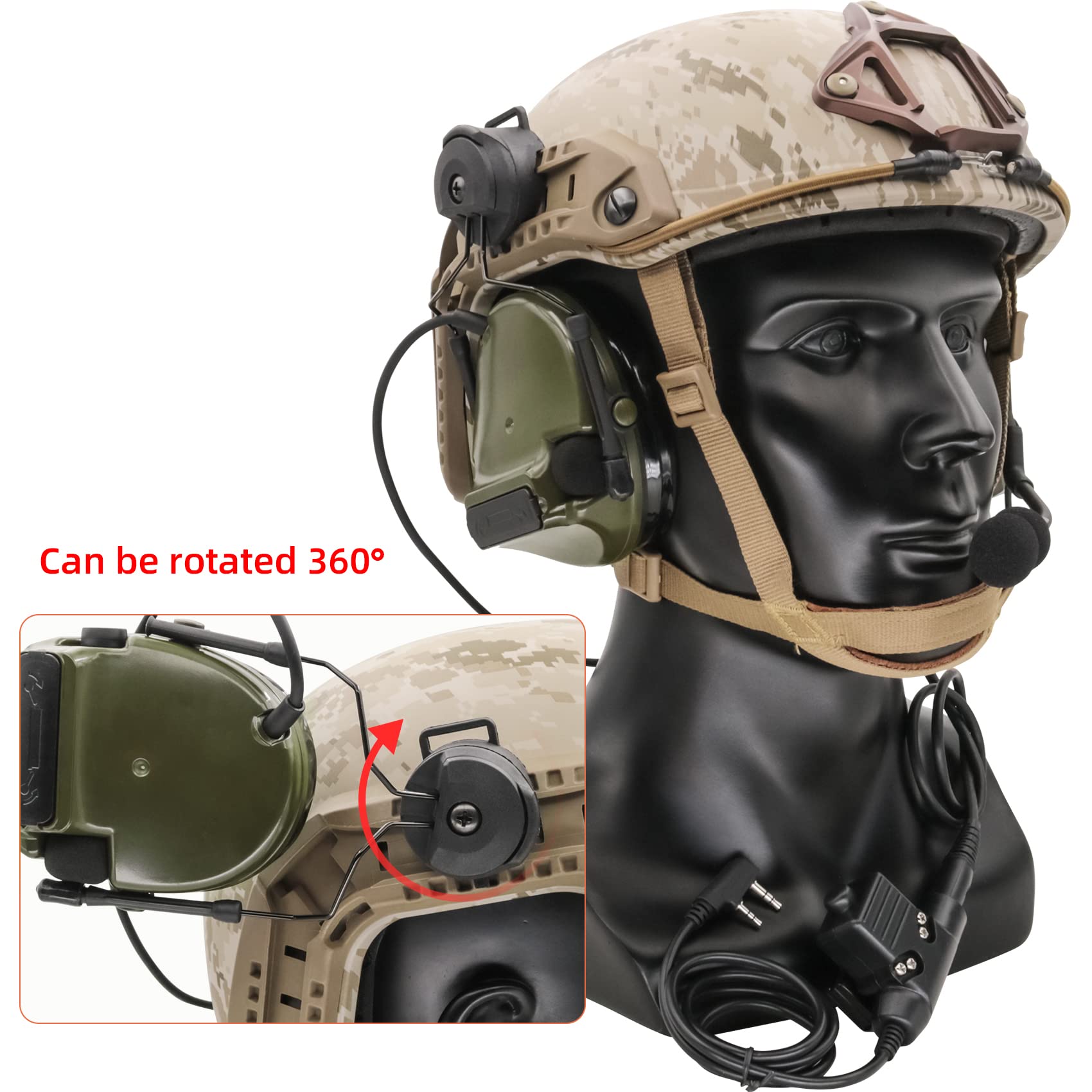 HEARFALCOM Tactical Comta III Headset Helmet ARC Rail Adapter Bracket Version with U94 PTT Adapter Compatible with Baofeng UV-5R, UV-82 Walkie Talkie for Airsoft Sports（FG）