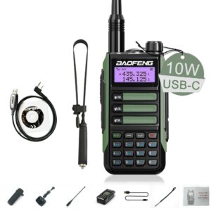 BAOFENG UV-16R Walkie Talkie USB-C 10W with Programming Cable 18.89in Tactical Antenna Waterproof Two Way Radio Long Range Dual Band Professional Handheld Radio Type-c Olive Green