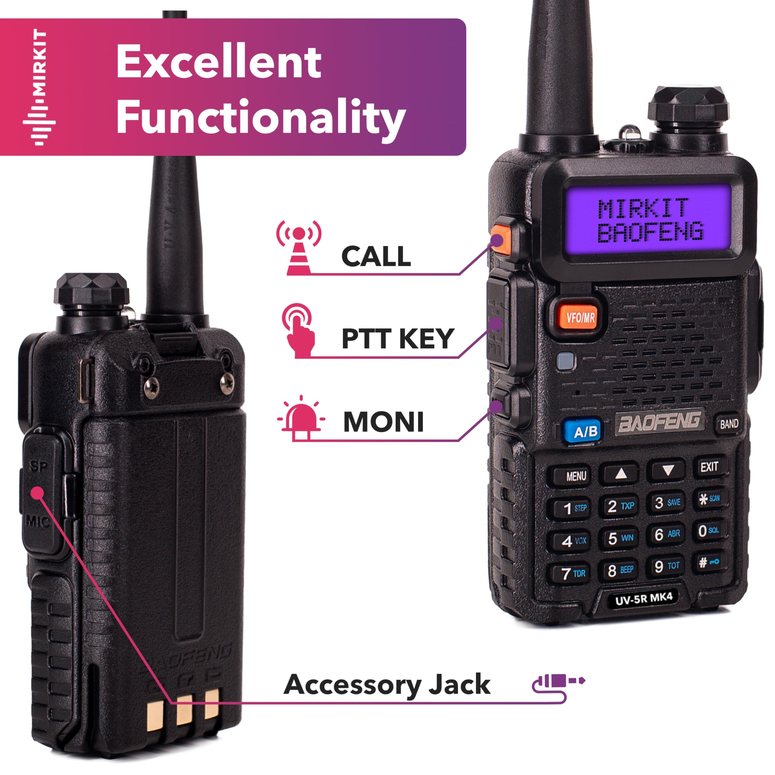 BAOFENG UV-5R MK4 MIRKIT 8W Max Power 2024 Ham Radio VHF/UHF 144-148/420-450 mhz Two Way Radio with 1800 mAh Baofeng Battery, Mirkit Lanyard Ham Radio & Software for walkie talkie