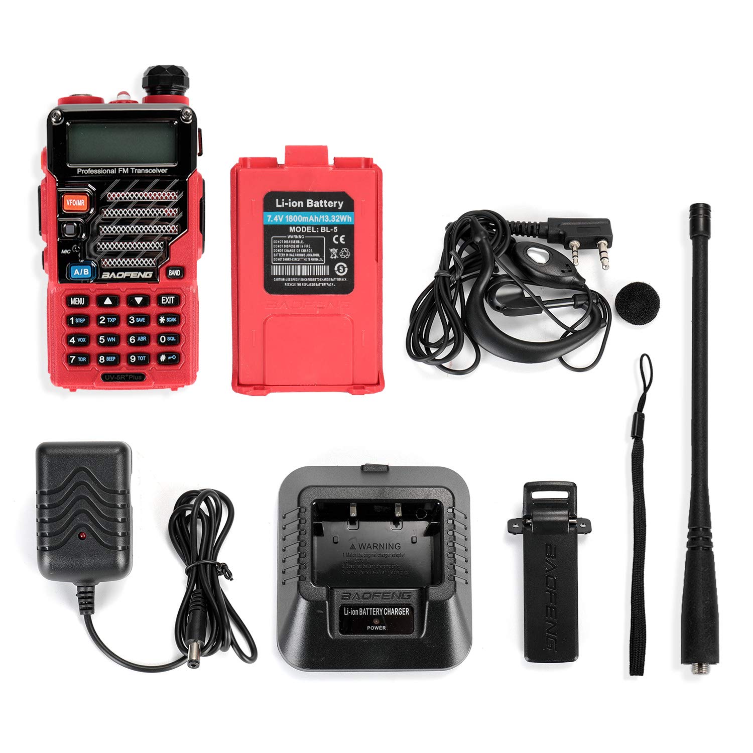 BAOFENG UV-5R+ Plus Two Way Radio, Long Range for Adults Rechargeable with Earpiece, Walkie Talkie for Outdoors, 144-148 420-450MHz, Qualette Series, Flame Red