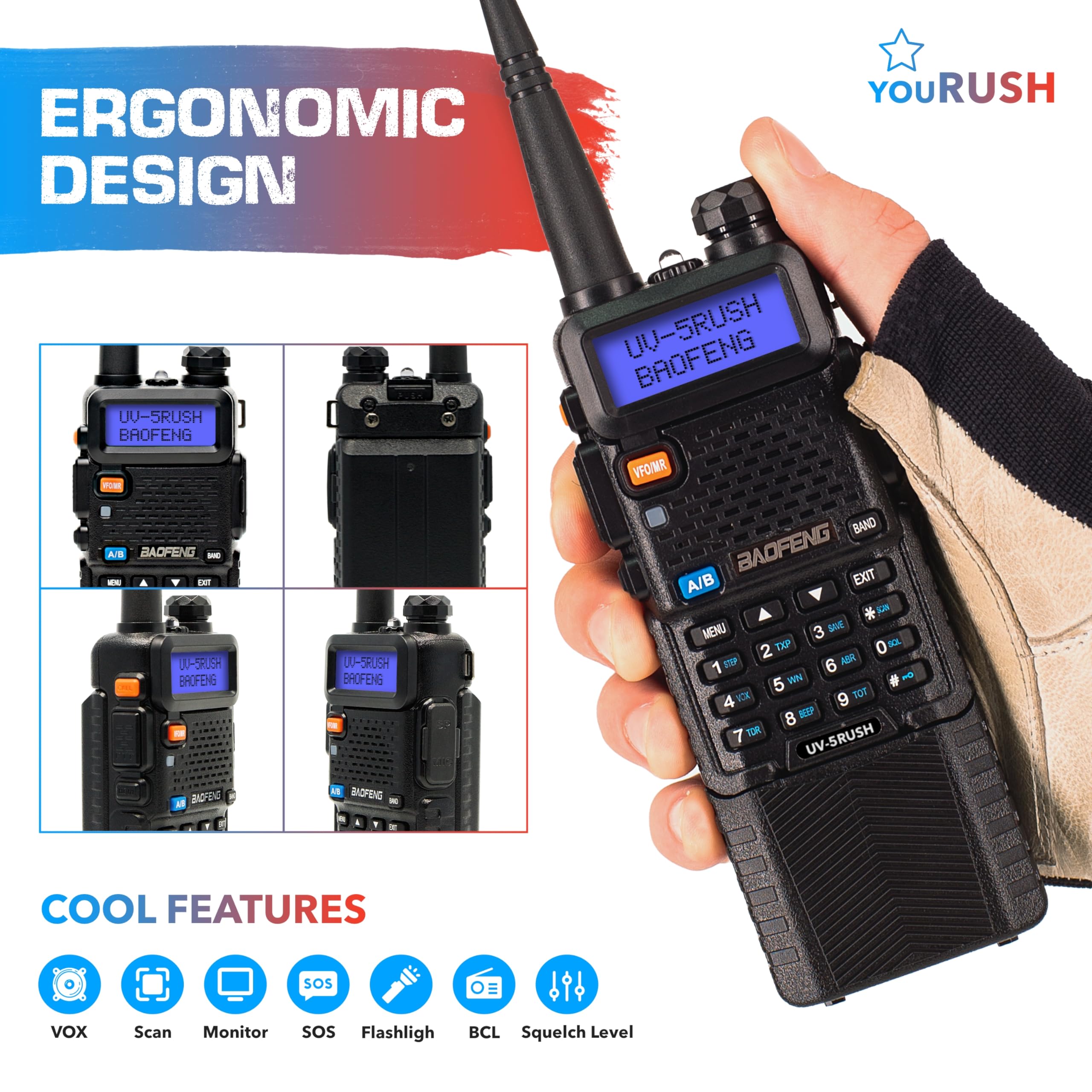 youRUSH Portable Ham Radio 2 Pack BAOFENG UV-5R 8W Dual Band Two Way Radio with Extended Battery BL-5L 3800 mAh with Lanyard & USB Programming Cable & USB Charger Cables, Chirp Support, USA Warranty