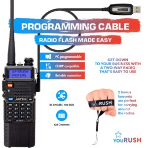 youRUSH Portable Ham Radio 2 Pack BAOFENG UV-5R 8W Dual Band Two Way Radio with Extended Battery BL-5L 3800 mAh with Lanyard & USB Programming Cable & USB Charger Cables, Chirp Support, USA Warranty