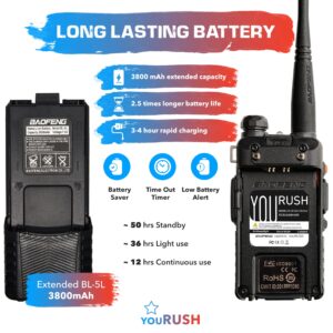 youRUSH Portable Ham Radio 2 Pack BAOFENG UV-5R 8W Dual Band Two Way Radio with Extended Battery BL-5L 3800 mAh with Lanyard & USB Programming Cable & USB Charger Cables, Chirp Support, USA Warranty