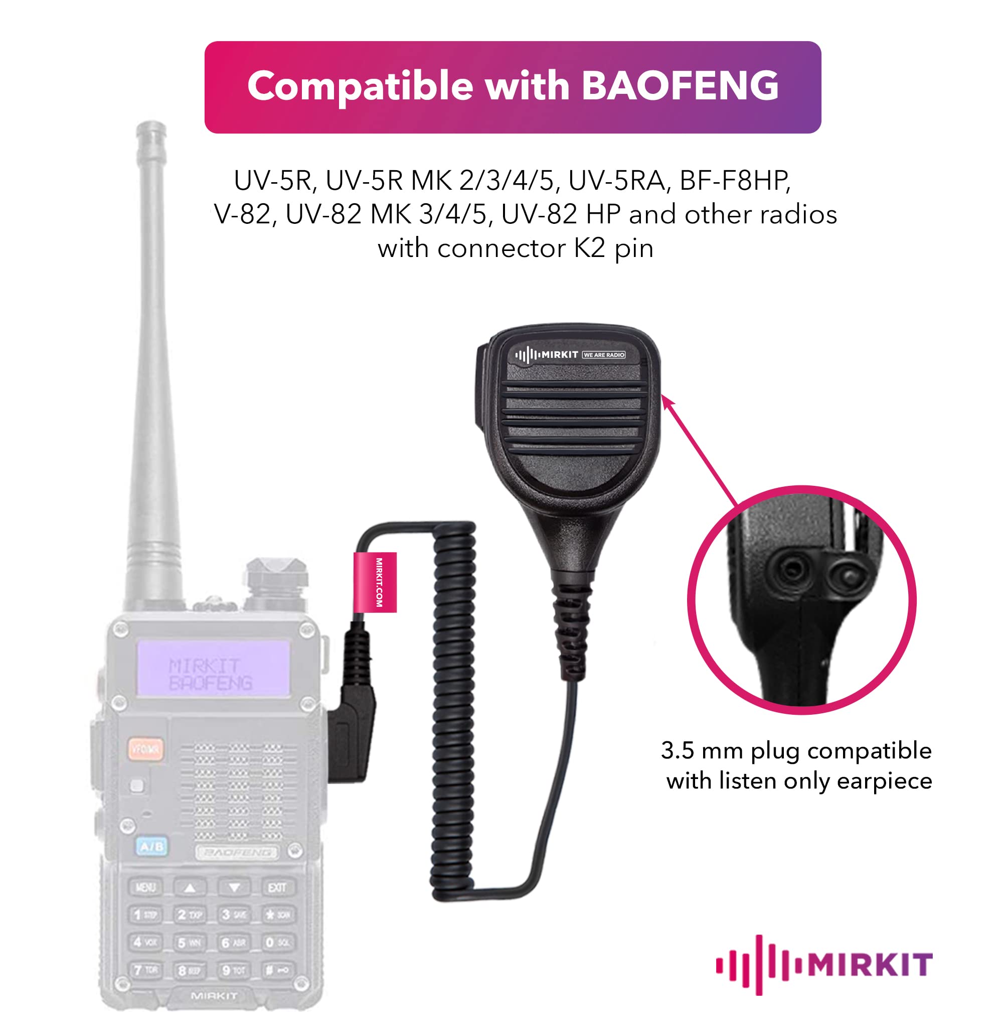 MIRKIT Heavy Duty Speaker Mic Compatible with Baofeng UV-5R, BF-F8HP, UV-82, UV-82HP. Push to Talk Microphone & Lanyard Ham Radio Operator. Radio Shoulder Mic ​Can be Used as Police Radio Mic