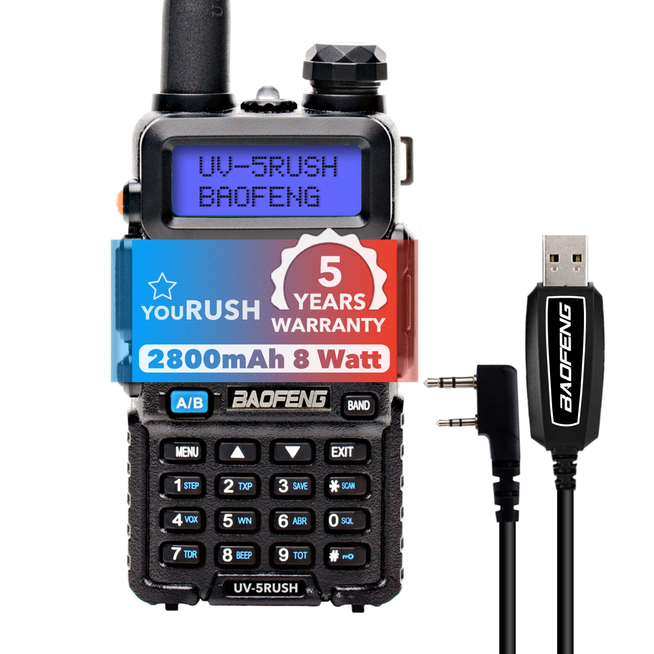 youRUSH UV5R 2 Way Radio Dual Band UHF/VHF Radio - Advanced BAOFENG UV-5R 8W Extended Battery 2800mAh & BAOFENG USB Programming Cable, Radio Scanner BAOFENG Walkie Talkie for Adults Long Range