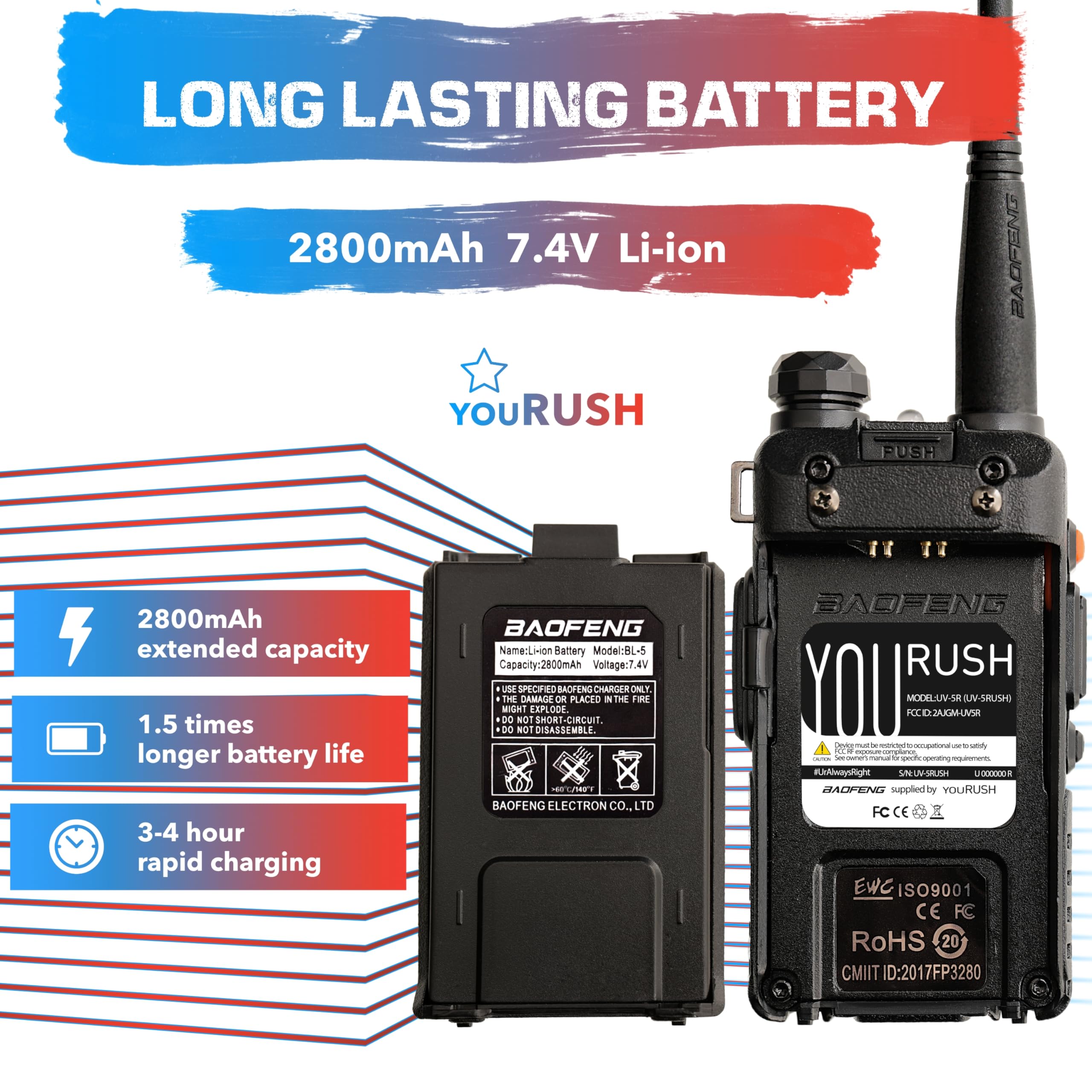 youRUSH UV5R 2 Way Radio Dual Band UHF/VHF Radio - Advanced BAOFENG UV-5R 8W Extended Battery 2800mAh & BAOFENG USB Programming Cable, Radio Scanner BAOFENG Walkie Talkie for Adults Long Range