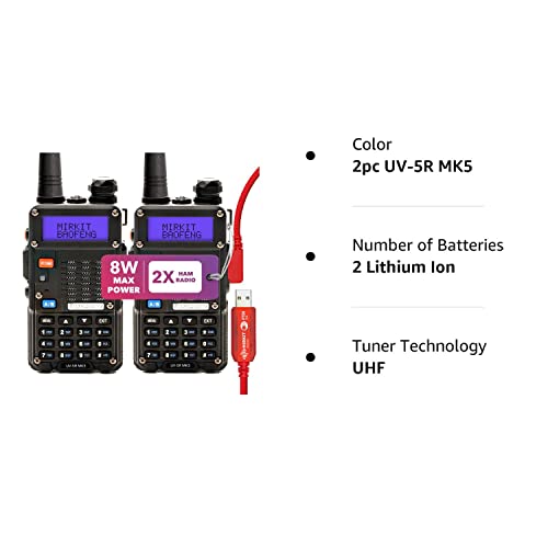 Mirkit 2X Baofeng UV-5R MK5 8W Max Power 2024 Ham Radio VHF/UHF 144-148/420-450 mhz with Lanyard for Radio - 1800mAh Li-ion Baofeng Battery and FTDI Programming Cable Compatible for Walkie Talkie