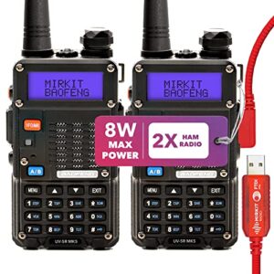 mirkit 2x baofeng uv-5r mk5 8w max power 2024 ham radio vhf/uhf 144-148/420-450 mhz with lanyard for radio - 1800mah li-ion baofeng battery and ftdi programming cable compatible for walkie talkie