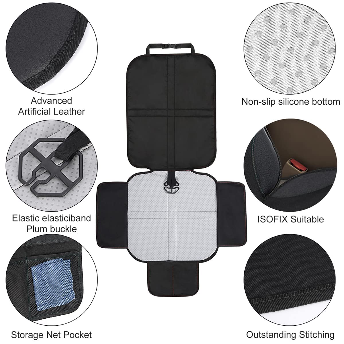 BESULEN Car Seat Protector for Child Car Seat, Anti-Slipt Auto Seat Cover Mat with Thickest Padding with Organizer Pockets for Under Baby Seat, Vehicle Accessories for Most Cars (Black Line)