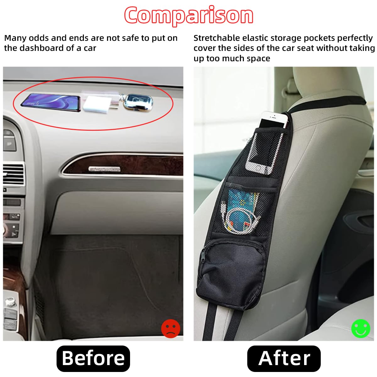 Kewucn 2 PCS Car Seat Side Organizer, Auto Front Seat Storage Hanging Bag, Multifunctional Vehicle Mesh Pocket Hold for Phone, Wallet, Glasses, Universal Accessories for Most Car(Black)