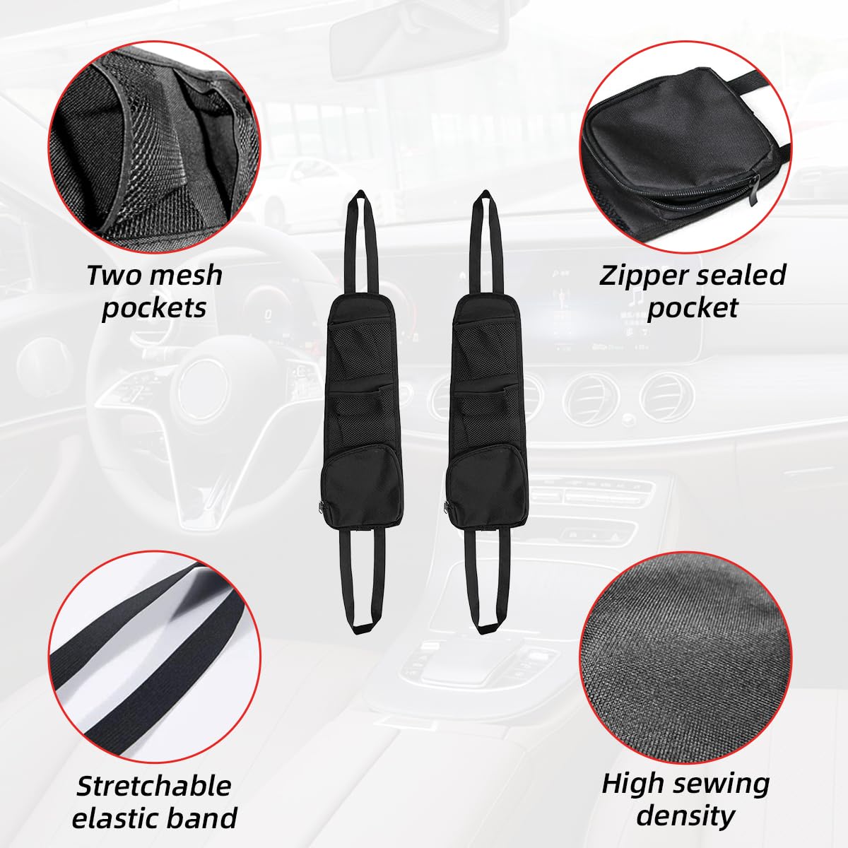 Kewucn 2 PCS Car Seat Side Organizer, Auto Front Seat Storage Hanging Bag, Multifunctional Vehicle Mesh Pocket Hold for Phone, Wallet, Glasses, Universal Accessories for Most Car(Black)