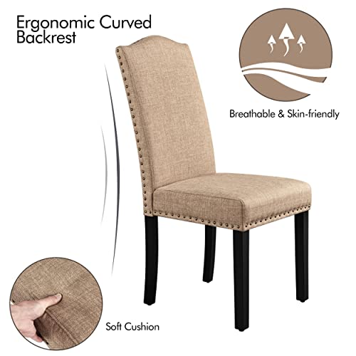 Yaheetech Dining Chairs Set of 6 Upholstered Parsons Chairs, Fabric Dining Room Kitchen Side Chair with Rubber Wood Legs and Nailhead Trim for Living Room, Khaki