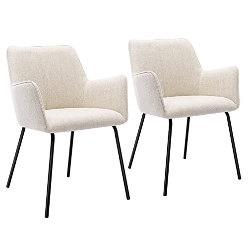 ONEVOG Beige Dining Chairs Set of 2, Kitchen Dining Room Chair with Curved Back Support, Upholstered Fabric Kitchen Chairs for Small Space, Black Metal Legs Dining Chairs