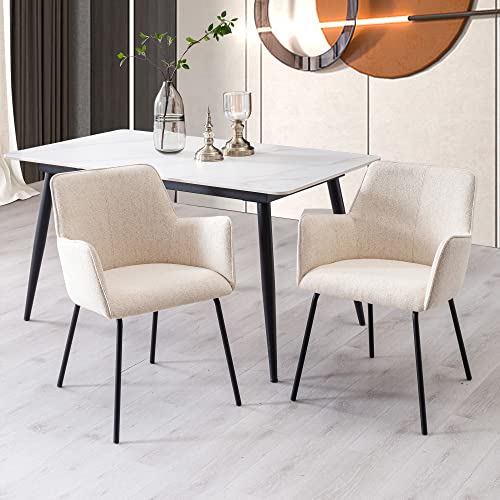 ONEVOG Beige Dining Chairs Set of 2, Kitchen Dining Room Chair with Curved Back Support, Upholstered Fabric Kitchen Chairs for Small Space, Black Metal Legs Dining Chairs