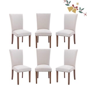 parsons dining chairs set of 6, upholstered nailhead dining room kitchen side chair with thick cushions and wood legs, beige