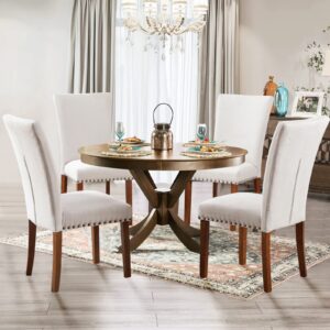 Parsons Dining Chairs Set of 6, Upholstered Nailhead Dining Room Kitchen Side Chair with Thick Cushions and Wood Legs, Beige