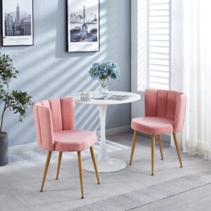 ATSNOW Pink Sherpa Accent Chairs Set of 2, Mid Century Modern Upholstered Side Chairs for Dining Room Living Room Bedroom Vanity