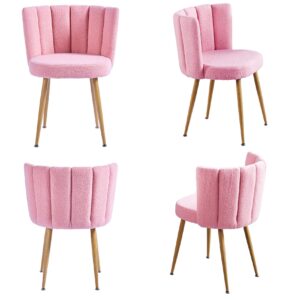 ATSNOW Pink Sherpa Accent Chairs Set of 2, Mid Century Modern Upholstered Side Chairs for Dining Room Living Room Bedroom Vanity