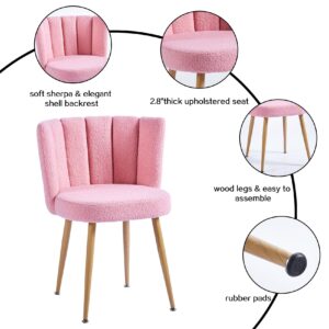 ATSNOW Pink Sherpa Accent Chairs Set of 2, Mid Century Modern Upholstered Side Chairs for Dining Room Living Room Bedroom Vanity