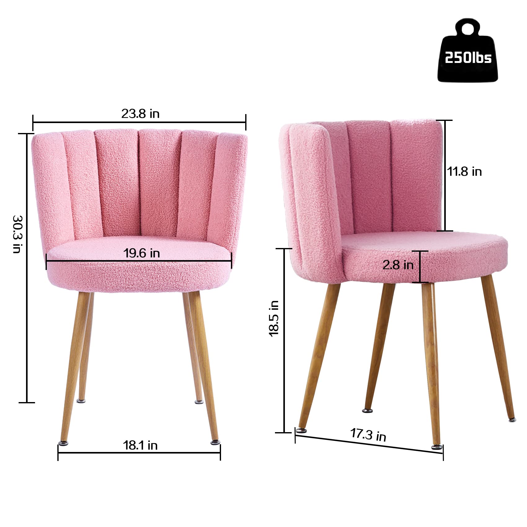 ATSNOW Pink Sherpa Accent Chairs Set of 2, Mid Century Modern Upholstered Side Chairs for Dining Room Living Room Bedroom Vanity