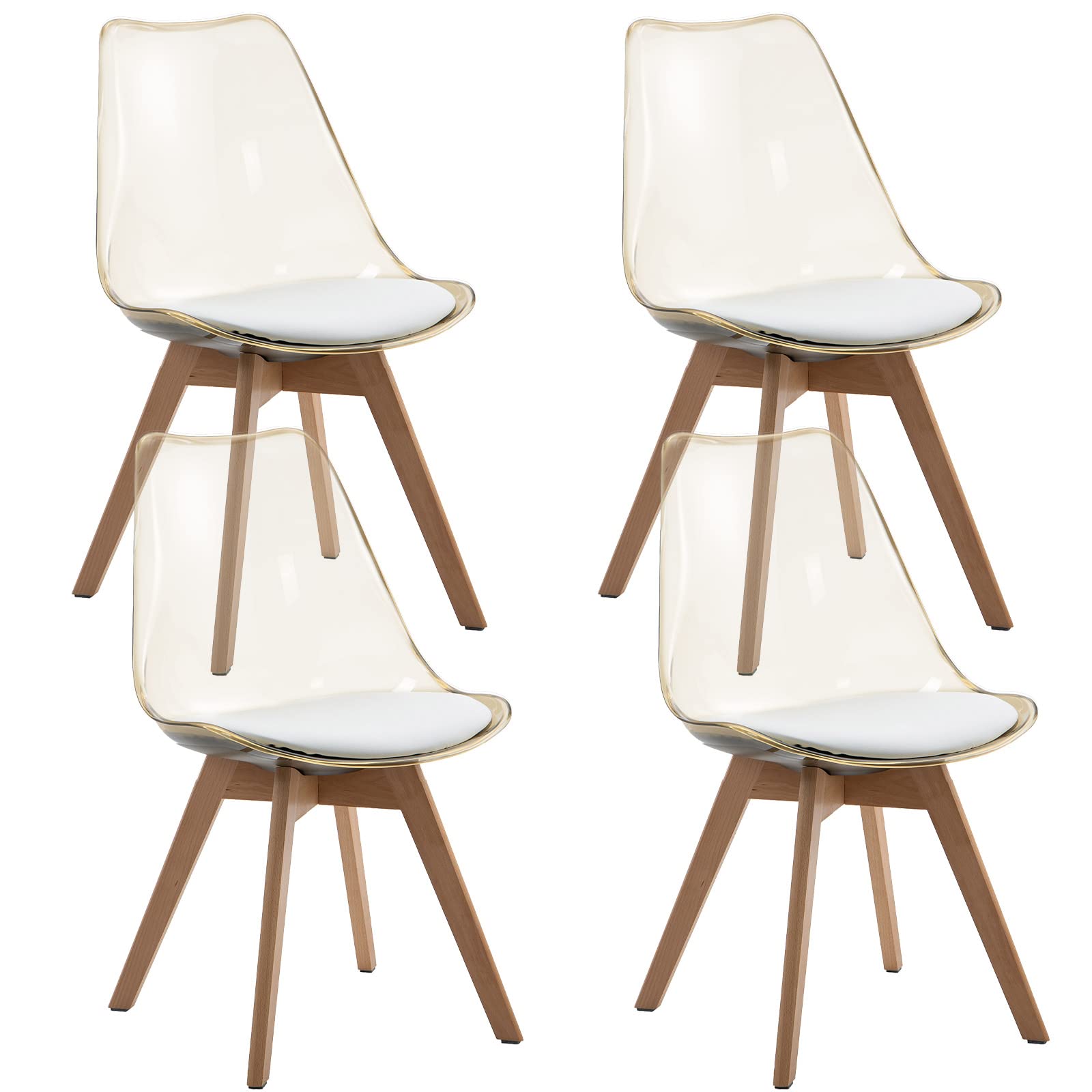 ANOUR Dining Chairs Set of 4, Modern Kitchen Clear Acrylic Accent Dinner Chairs with PU Leather Cushions Seat and Solid Beech Legs, Suitable for Living Room and Bedroom