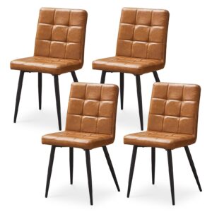 clipop kitchen faux leather dining chairs set of 4, mid-century modern dining chair with with square grid backrest heavy duty metal legs, armless kitchen accent chair for living room, light brown