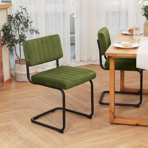 ONEVOG Green Velvet Dining Chairs Set of 2, Upholstered kitchen Dining Room Chair, Comfy Green Chair with Black Metal Legs, Cantilevered Design Chair for Bedroom, Living Room