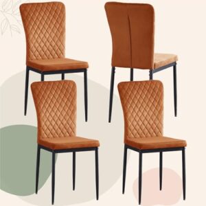 FENZARD Set of 4 Living Room Chairs Dining Chairs with Velvet, High Back, Metal Frame and Modern Lattice Design for Living Room, Dining Room,Orange