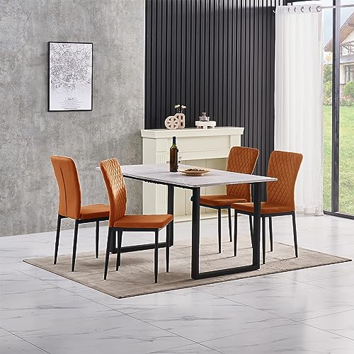 FENZARD Set of 4 Living Room Chairs Dining Chairs with Velvet, High Back, Metal Frame and Modern Lattice Design for Living Room, Dining Room,Orange