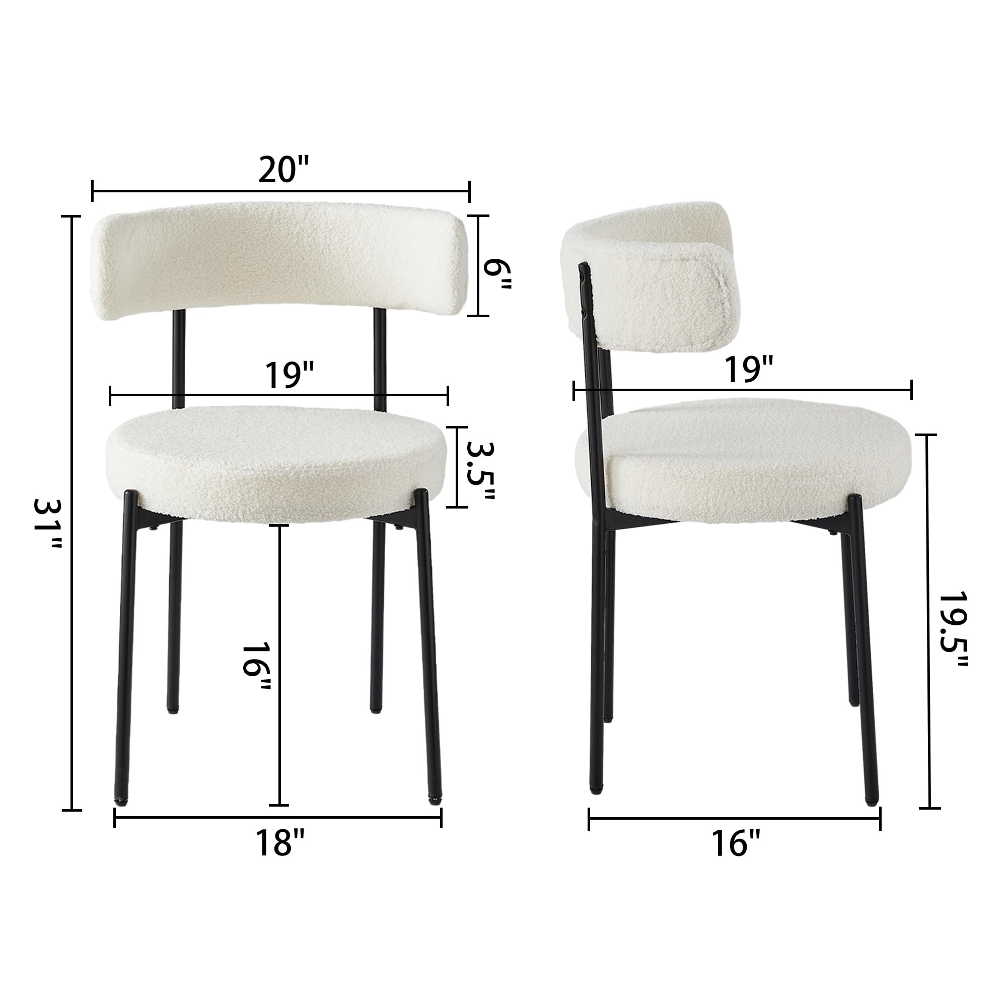 Honyee White Dining Chairs, Modern Dining Chairs Set of 2, Teddy Fleece Round Cushion Dining Room Chairs, Curved Backrest Dining Chairs with Black Metal Legs (White, 2Pcs)