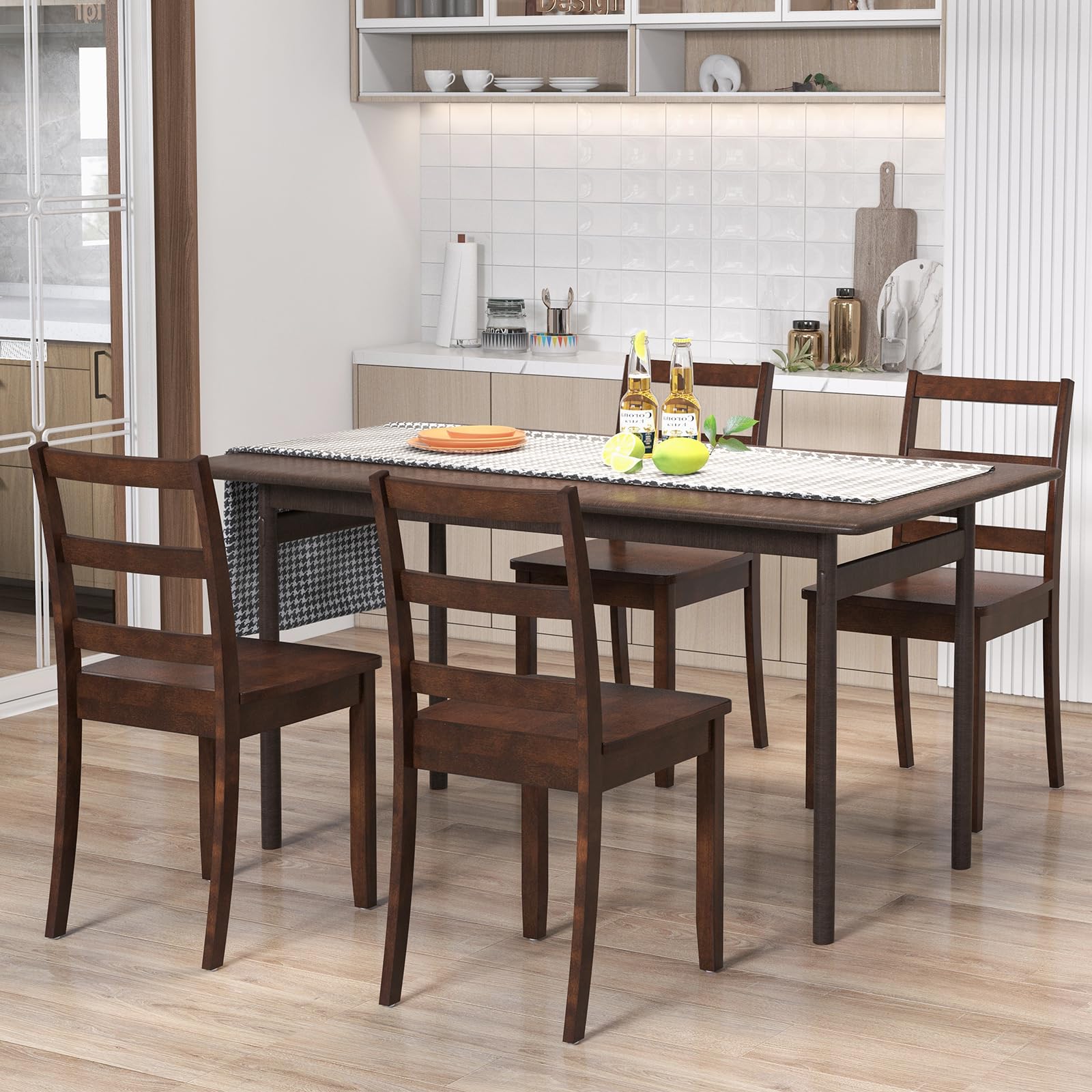 Giantex Wood Dining Chairs Set of 4 Walnut- Wooden Armless Kitchen Chairs with Solid Rubber Wood Legs, Non-Slip Foot Pads, Max Load 400 Lbs, Farmhouse Style High Ladder Back Dining Room Chairs