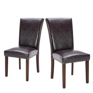 colamy upholstered parsons dining chairs set of 2, pu leather dining room kitchen side chair with nailhead trim and wood legs - dark brown